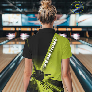 Custom Black And Green Strike Bowling Polo Shirts For Women, Bowling Team Uniform IPHW9553