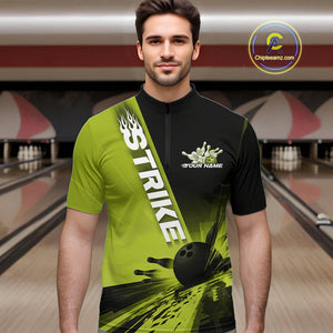 Custom Black And Green Strike Bowling Quarter-Zip Shirts For Men, Bowling Team Uniform IPHW9553
