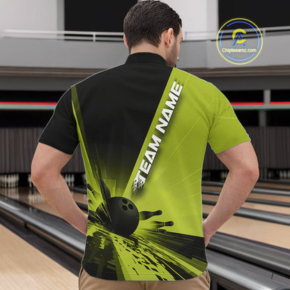 Custom Black And Green Strike Bowling Quarter-Zip Shirts For Men, Bowling Team Uniform IPHW9553