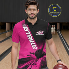 Load image into Gallery viewer, Custom Black And Pink Strike Bowling Polo Shirts For Men, Bowling Team Uniform IPHW9554