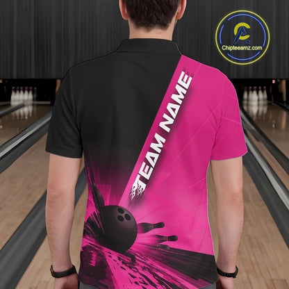 Custom Black And Pink Strike Bowling Polo Shirts For Men, Bowling Team Uniform IPHW9554