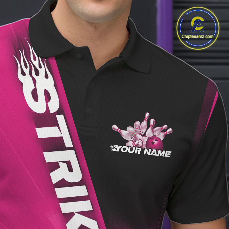 Custom Black And Pink Strike Bowling Polo Shirts For Men, Bowling Team Uniform IPHW9554
