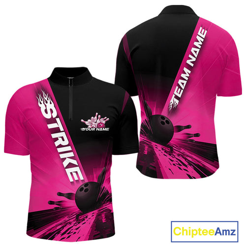 Custom Black And Pink Strike Bowling Quarter-Zip Shirts For Men, Bowling Team Uniform IPHW9554