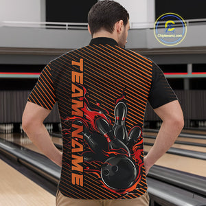 Custom Red Orange Flame Bowling Quarter-Zip Shirts For Men, Bowling Tournament Team Shirt IPHW9403