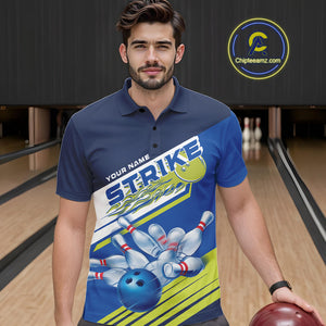 Custom Blue And Green Flame Strike Bowling Team Men Polo Shirts, Bowling Jerseys IPHW9404