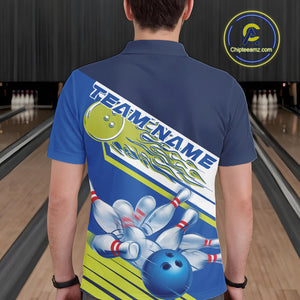 Custom Blue And Green Flame Strike Bowling Team Men Polo Shirts, Bowling Jerseys IPHW9404