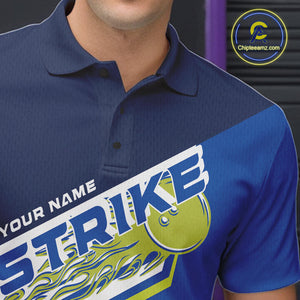 Custom Blue And Green Flame Strike Bowling Team Men Polo Shirts, Bowling Jerseys IPHW9404