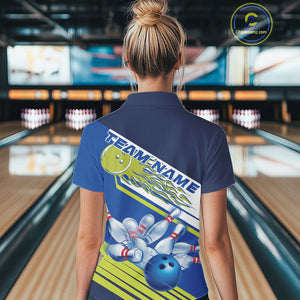 Custom Blue And Green Flame Strike Bowling Team Women Polo Shirts, Bowling Jerseys IPHW9404
