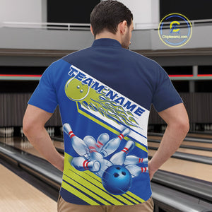 Custom Blue And Green Flame Strike Bowling Team Men Quarter-Zip Shirts, Bowling Jerseys IPHW9404