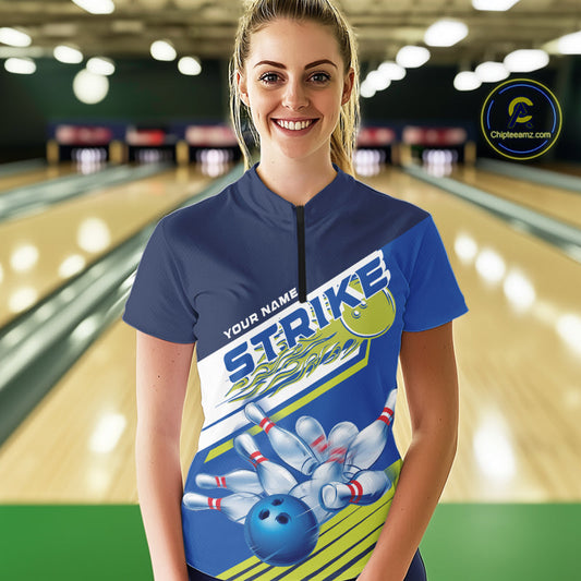 Custom Blue And Green Flame Strike Bowling Team Women Quarter-Zip Shirts, Bowling Jerseys IPHW9404