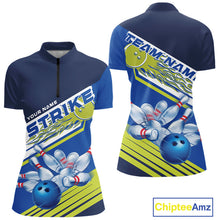 Load image into Gallery viewer, Custom Blue And Green Flame Strike Bowling Team Women Quarter-Zip Shirts, Bowling Jerseys IPHW9404
