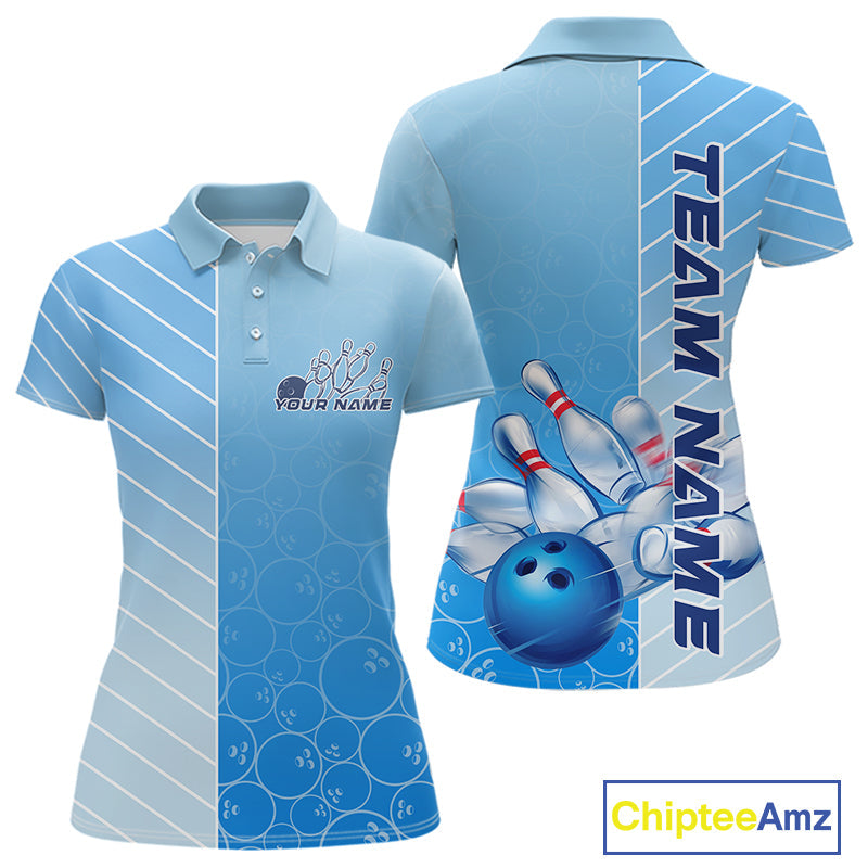 Custom Gradient Blue Bowling Pattern Team Polo Shirts For Women, Bowling Tournament Shirt IPHW9406