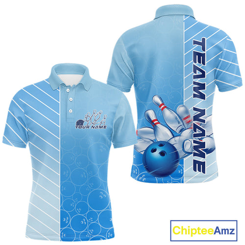 Custom Gradient Blue Bowling Pattern Team Polo Shirts For Men, Bowling Tournament Shirt IPHW9406