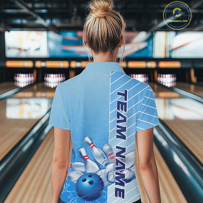 Custom Blue Bowling Pattern Team Women Quarter-Zip Shirts, Bowling Tournament Shirt IPHW9406