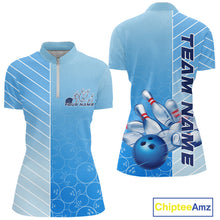 Load image into Gallery viewer, Custom Blue Bowling Pattern Team Women Quarter-Zip Shirts, Bowling Tournament Shirt IPHW9406