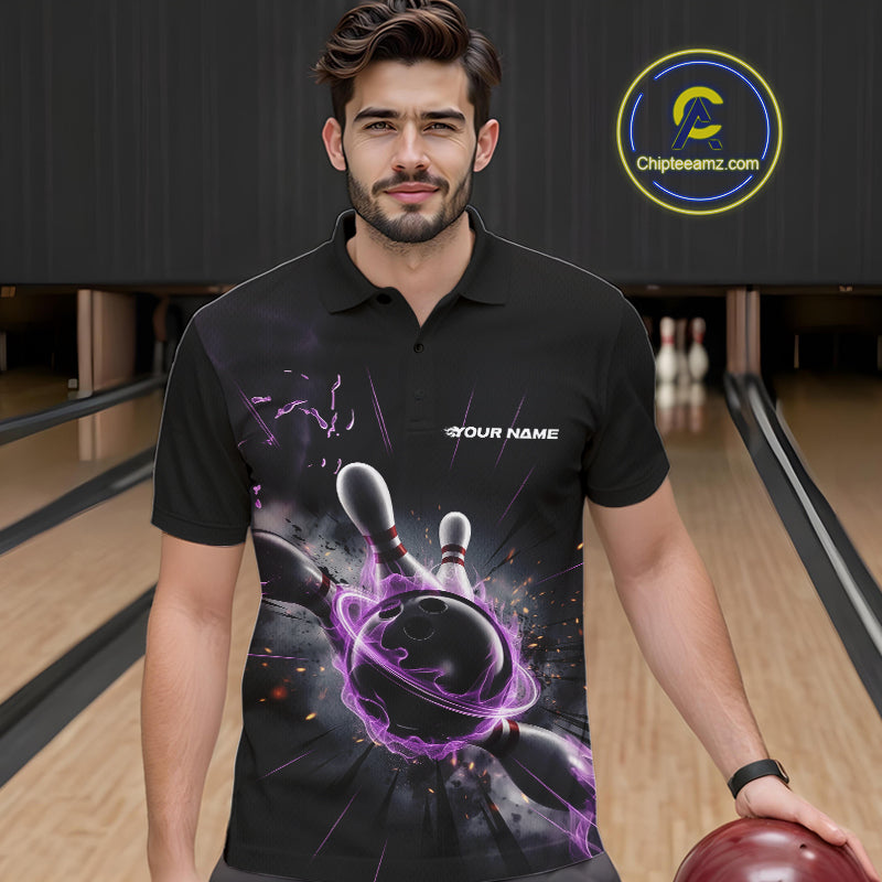 Custom Galaxy Purple Flame Bowling Polo Shirt For Men, Bowling League Team Uniform IPHW9567