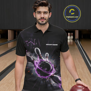 Custom Galaxy Purple Flame Bowling Polo Shirt For Men, Bowling League Team Uniform IPHW9567