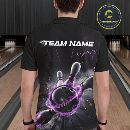 Custom Galaxy Purple Flame Bowling Polo Shirt For Men, Bowling League Team Uniform IPHW9567