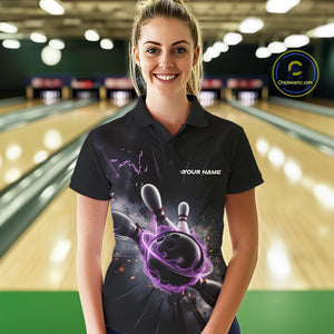 Custom Galaxy Purple Flame Bowling Polo Shirt For Women, Bowling League Team Uniform IPHW9567