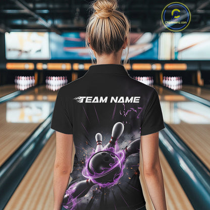 Custom Galaxy Purple Flame Bowling Polo Shirt For Women, Bowling League Team Uniform IPHW9567