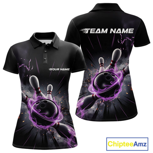Custom Galaxy Purple Flame Bowling Polo Shirt For Women, Bowling League Team Uniform IPHW9567