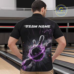 Custom Galaxy Purple Flame Bowling Quarter-Zip Shirt For Men, Bowling League Team Uniform IPHW9567
