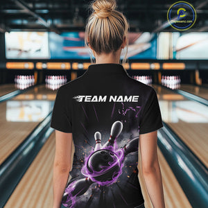 Custom Galaxy Purple Flame Bowling Quarter-Zip Shirt For Women, Bowling League Uniform IPHW9567
