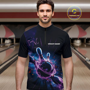 Custom Galaxy Blue And Purple Flame Bowling Men Quarter-Zip Shirt , Bowling League Team Uniform IPHW9568