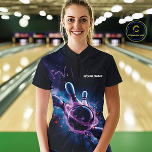 Custom Galaxy Blue And Purple Flame Bowling Women Quarter-Zip Shirt, Bowling Uniform IPHW9568