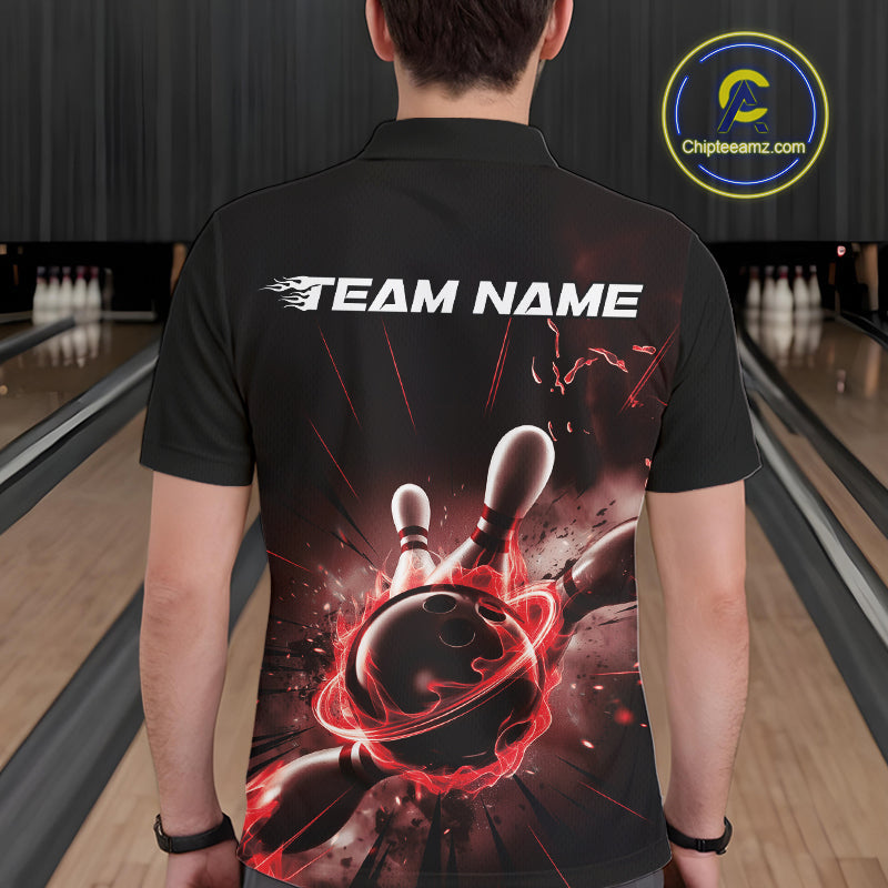 Custom Galaxy Red Flame Bowling Polo Shirt For Men, Bowling League Team Uniform IPHW9569
