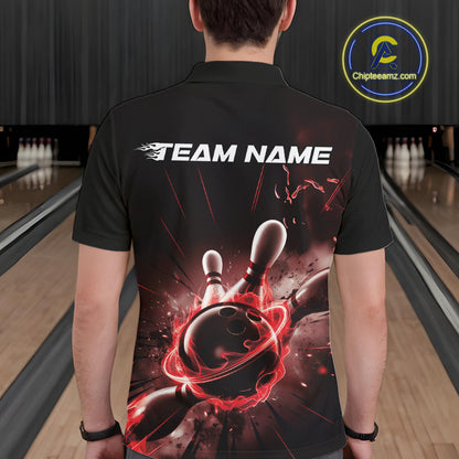Custom Galaxy Red Flame Bowling Polo Shirt For Men, Bowling League Team Uniform IPHW9569