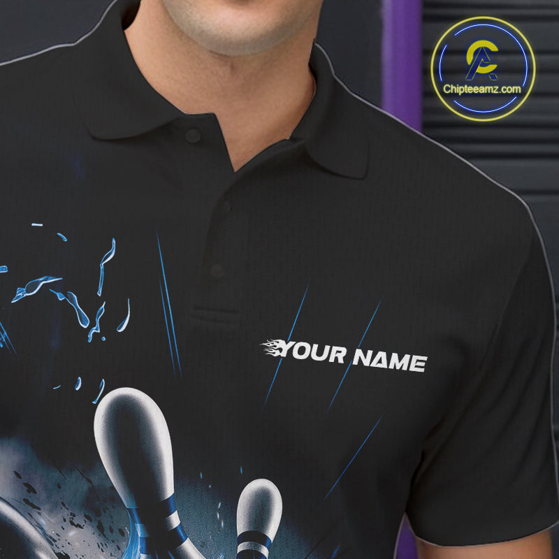 Custom Galaxy Blue Flame Bowling Polo Shirt For Men, Bowling League Team Uniform IPHW9570