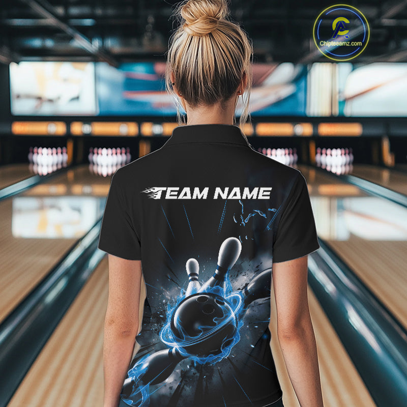 Custom Galaxy Blue Flame Bowling Polo Shirt For Women, Bowling League Team Uniform IPHW9570