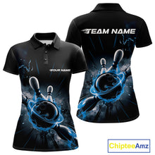 Load image into Gallery viewer, Custom Galaxy Blue Flame Bowling Polo Shirt For Women, Bowling League Team Uniform IPHW9570