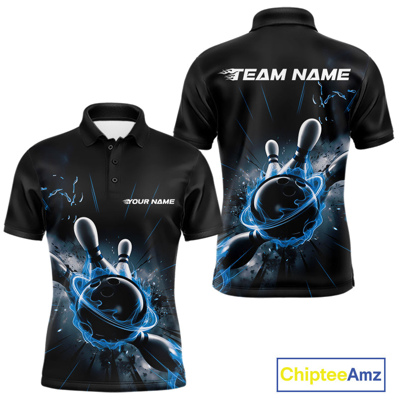 Custom Galaxy Blue Flame Bowling Polo Shirt For Men, Bowling League Team Uniform IPHW9570