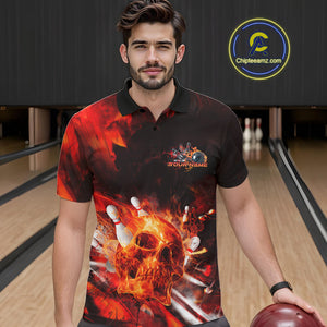 Custom Fire Flame Skull Bowling Polo Shirts For Men, Halloween Bowling Outfits IPHW9579