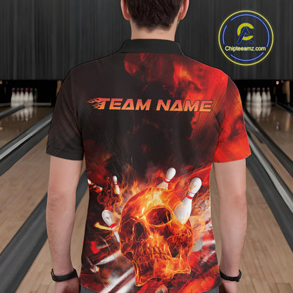 Custom Fire Flame Skull Bowling Polo Shirts For Men, Halloween Bowling Outfits IPHW9579