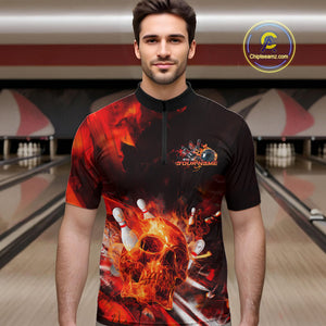 Custom Fire Flame Skull Bowling Quarter-Zip Shirts For Men, Halloween Bowling Outfits IPHW9579