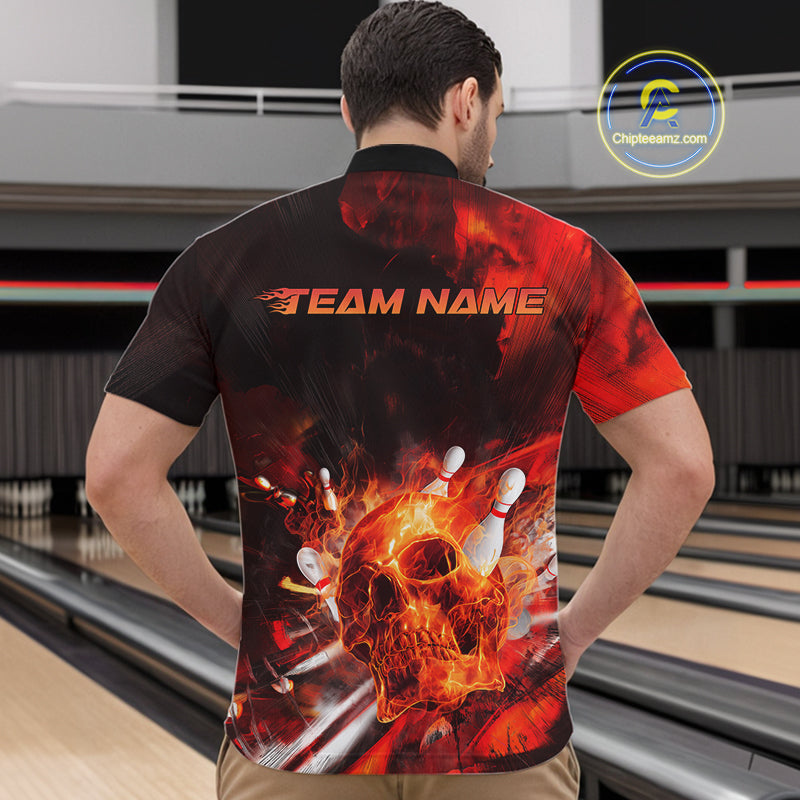 Custom Fire Flame Skull Bowling Quarter-Zip Shirts For Men, Halloween Bowling Outfits IPHW9579