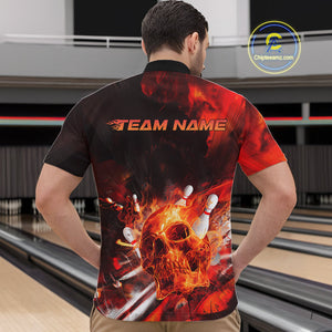 Custom Fire Flame Skull Bowling Quarter-Zip Shirts For Men, Halloween Bowling Outfits IPHW9579