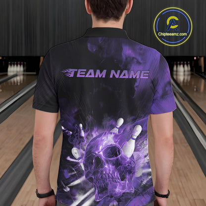 Custom Purple Fire Flame Skull Bowling Polo Shirts For Men, Halloween Bowling Outfits IPHW9580