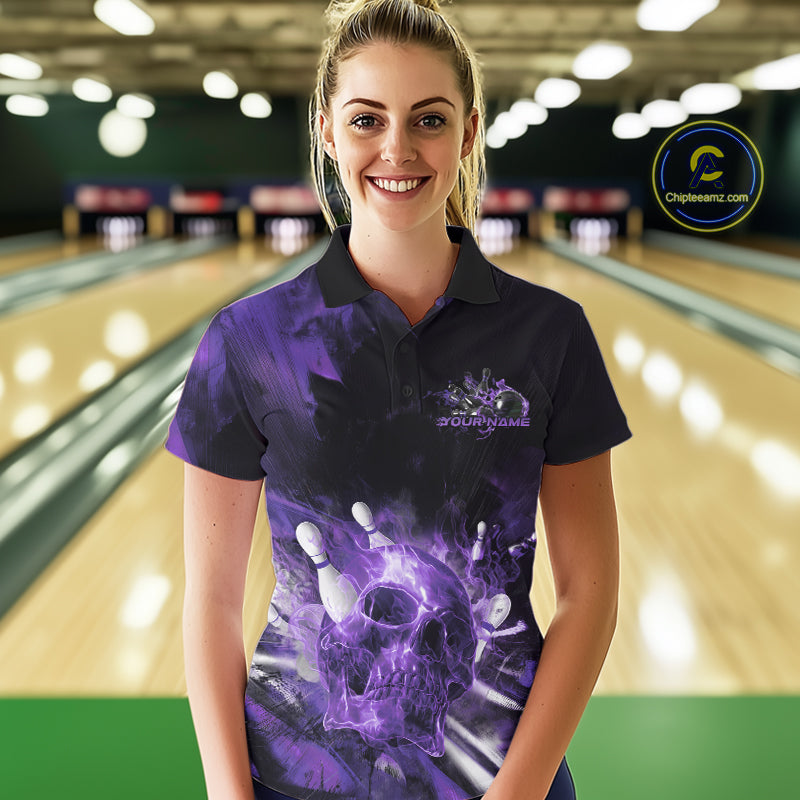 Custom Purple Fire Flame Skull Bowling Polo Shirts For Women, Halloween Bowling Outfits IPHW9580