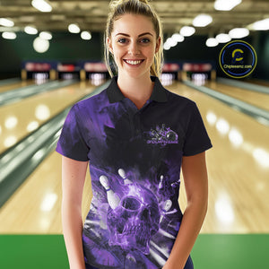 Custom Purple Fire Flame Skull Bowling Polo Shirts For Women, Halloween Bowling Outfits IPHW9580