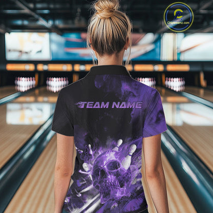 Custom Purple Fire Flame Skull Bowling Polo Shirts For Women, Halloween Bowling Outfits IPHW9580
