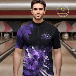 Custom Purple Fire Flame Skull Bowling Quarter-Zip Shirts For Men, Halloween Bowling Outfits IPHW9580