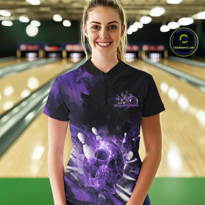 Custom Purple Fire Flame Skull Bowling Women Quarter-Zip Shirt, Halloween Bowling Outfits IPHW9580