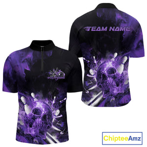 Custom Purple Fire Flame Skull Bowling Quarter-Zip Shirts For Men, Halloween Bowling Outfits IPHW9580