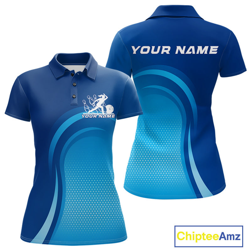 Custom Blue Bowling Team Polo Shirts For Women, Bowling Tournament Bowling League Shirt IPHW9236