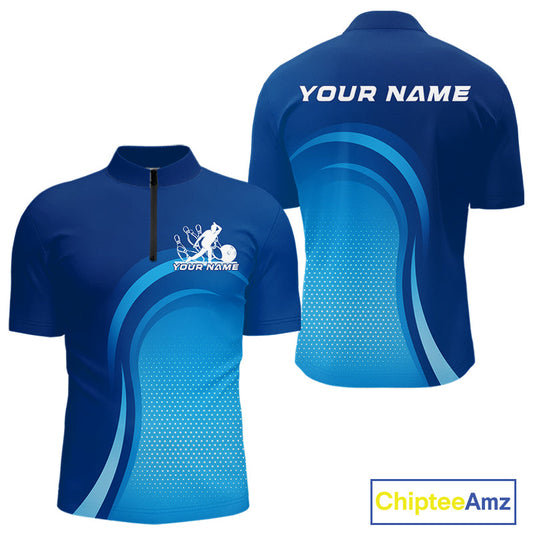 Custom Blue Bowling Team Quarter-Zip Shirts For Men, Bowling Tournament Bowling League Shirt IPHW9236