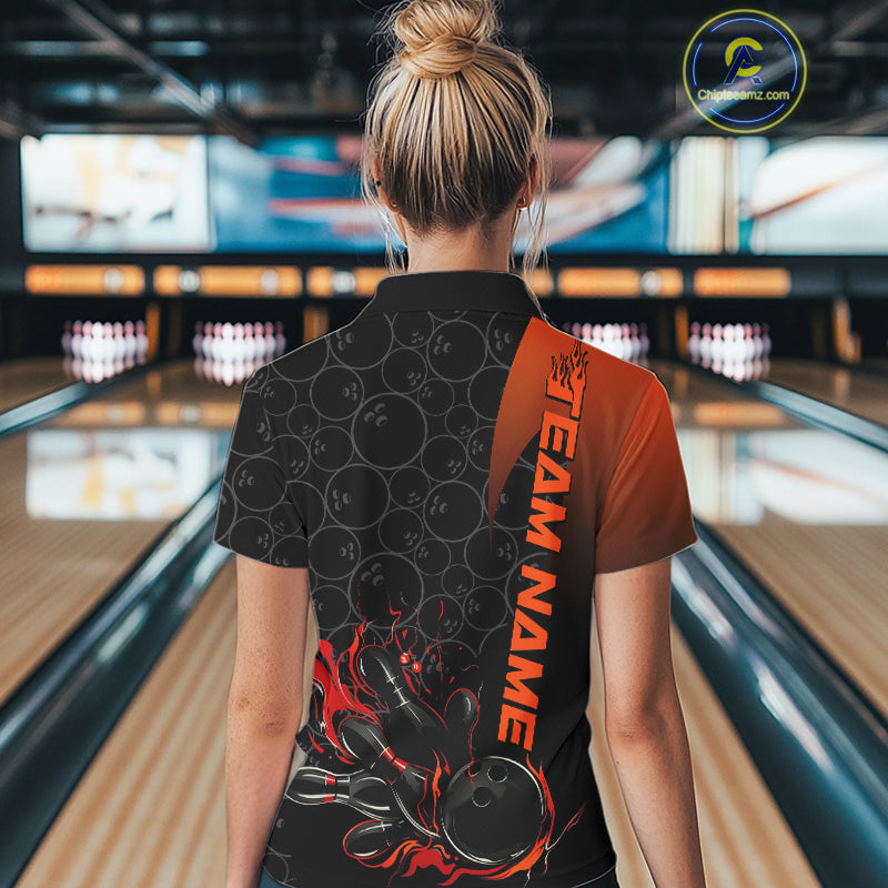 Custom Bowling Pattern Red Flame Strike Bowling Team Women Polo Shirts, Bowling Jerseys IPHW9415